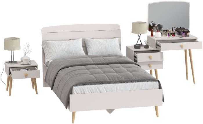 Афина Спальня Кровать 1200 + Трюмо + Тумба, цвет кашемир серый, ШхГхВ 123,6х210,2х95,7 + 105х38,6х129 + 45х37х45 см., 1200х2000 мм., б/м, осн. есть