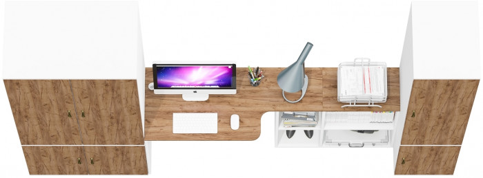 Лидер-8 Шкаф МД 19Б + Стол + Пенал 23Б, белый шагрень/крафт золото