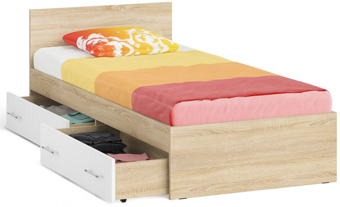 Мори Кровать с ящиками 0900, дуб сонома/белый