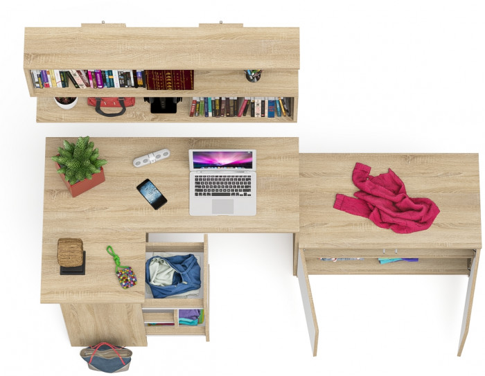 Мори компьютерный стол МС-16 левый + Тумба МА900.1 + Полка 1200, дуб сонома/белый