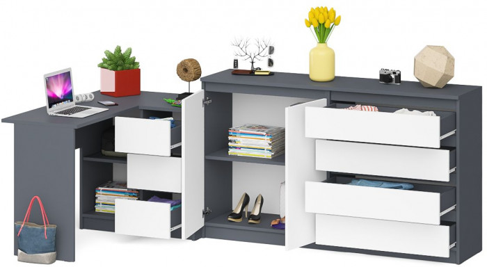 Мори Стол компьютерный МС-16 правый + Комод МК1600.1, цвет графит/белый, ШхГхВ 284,8х84,9х94 см., выдвижные ящики справа, НЕ универсальная сборка