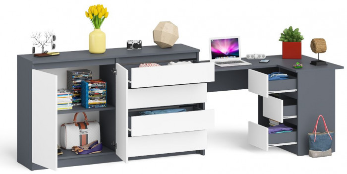Мори Стол компьютерный МС-16 правый + Комод МК1600.1, цвет графит/белый, ШхГхВ 284,8х84,9х94 см., выдвижные ящики справа, НЕ универсальная сборка