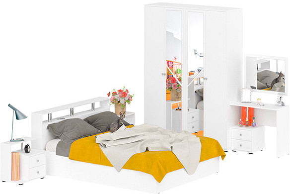 Камелия спальня № 2 Кровать 1600 + Две тумбы + Стол косметич. + Зеркало + Шкаф 4-х, белый