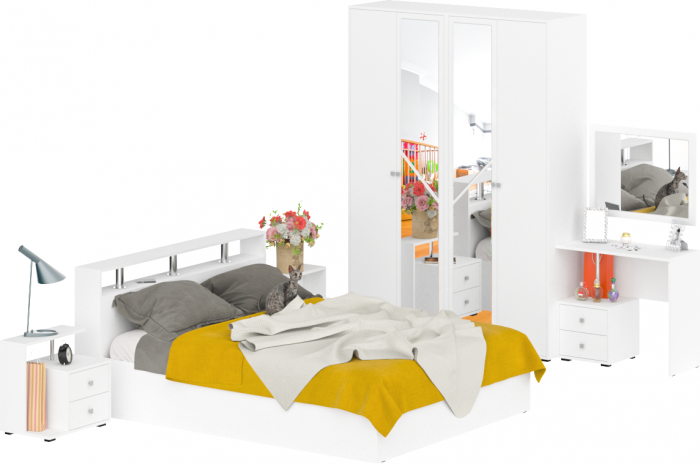 Камелия спальня № 2 Кровать 1600 + Две тумбы + Стол косметич. + Зеркало + Шкаф 4-х, белый