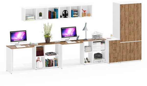 Лидер-8 Стол + Полка + Стол + Полка + Шкаф МД 19Б + Тумба МД 3.16, белый шагрень/крафт золото