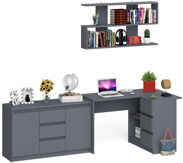 Мори компьютерный стол МС-16 правый + Комод МК1200.3 + Полка 1200, графит