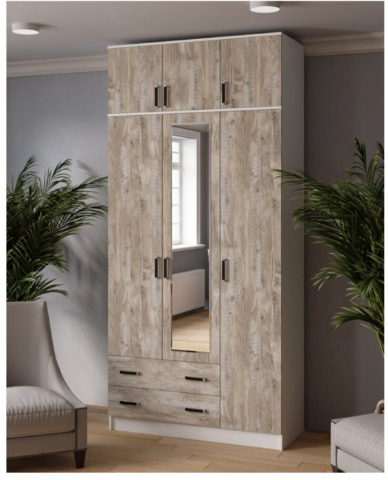 Шкаф комбинированный Лагуна 1200 с антресолью и зеркалом белый/дуб юкон