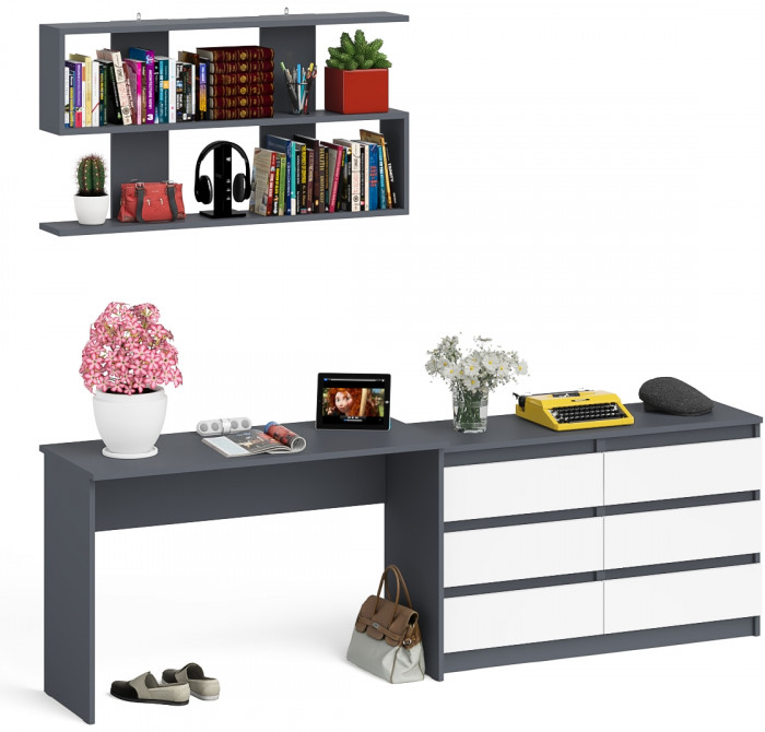 Мори письменный стол МСП1200.1 + Комод МК1200.6 + Полка 1200, графит/белый