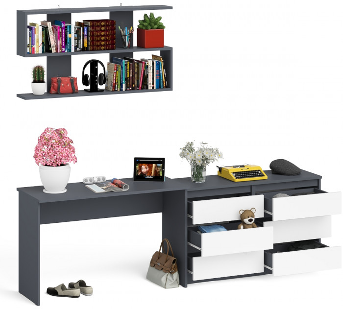 Мори письменный стол МСП1200.1 + Комод МК1200.6 + Полка 1200, графит/белый