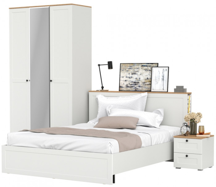 Остин 11.53 Кровать + ортопед + 13.336.03 Шкаф для одежды + 16.152 Тумба прикроватная, белый шагрень/дуб крафт золотой