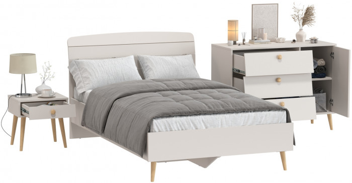 Афина Спальня Кровать 1200 + Комод + Тумба, кашемир серый
