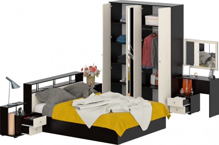 Камелия спальня № 2 Кровать 1600 + Две тумбы + Стол косметич. + Зеркало + Шкаф 4-х, венге/дуб лоредо