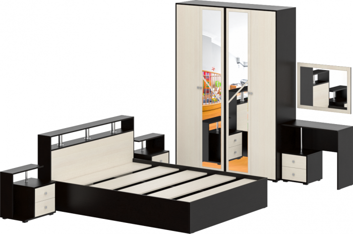 Камелия спальня № 2 Кровать 1600 + Две тумбы + Стол косметич. + Зеркало + Шкаф 4-х, венге/дуб лоредо