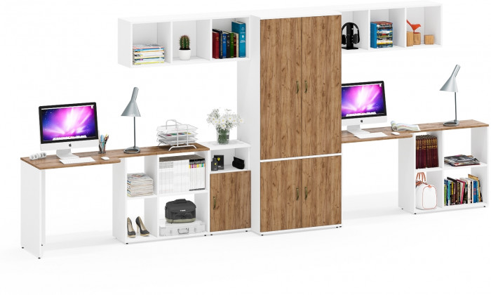 Лидер-8 Стол + Полка + Стол + Полка + Шкаф МД 19Б + Тумба МД 3.19, белый шагрень/крафт золото