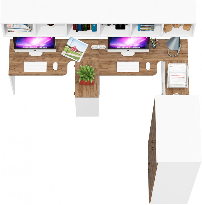 Лидер-8 Стол + Полка + Стол + Полка + Шкаф МД 19Б + Тумба МД 3.19, белый шагрень/крафт золото