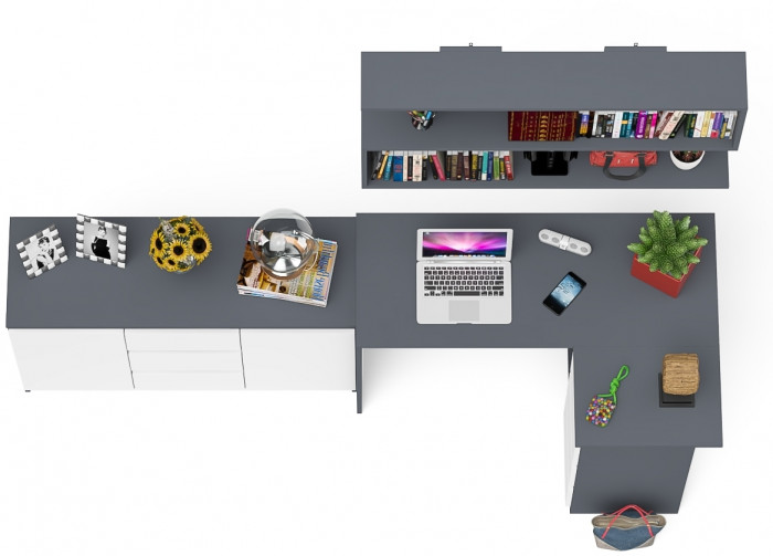 Мори компьютерный стол МС-16 правый + Комод МК1200.3 + Полка 1200, графит/белый