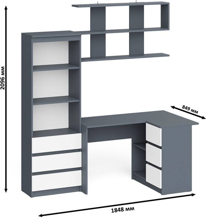 Мори компьютерный стол МС-16 правый + Стеллаж МСТ600.3 + Полка 1200, графит/белый