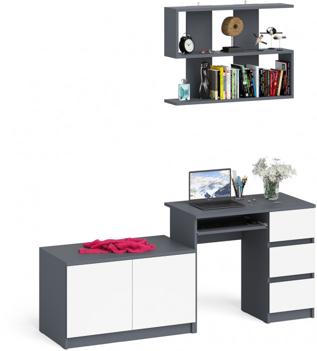 Мори компьютерный стол МС-6 правый + Тумба МА900.1 + Полка 900, графит/белый