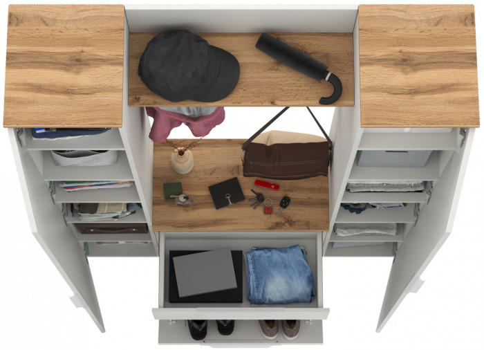 Октава Прихожая 20, цвет белый шагрень/дуб крафт золотой/фасады МДФ белый шагрень, ШхГхВ 129,3х35,4х197,6 см., универсальная сборка