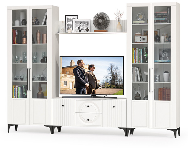 Валенсия Гостиная № 074, цвет ЛДСП белый шагрень/МДФ белый шагрень, ШхГхВ 301,3х38,3х225,2 см., универсальная сборка