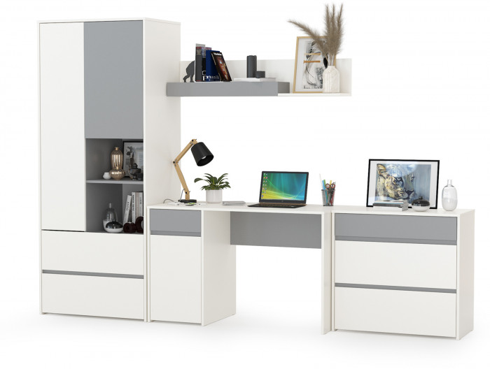 Торонто Компоновка № 03, цвет белый шагрень/стальной серый, ШхГхВ 280х53,1х195,7 см., универсальная сборка