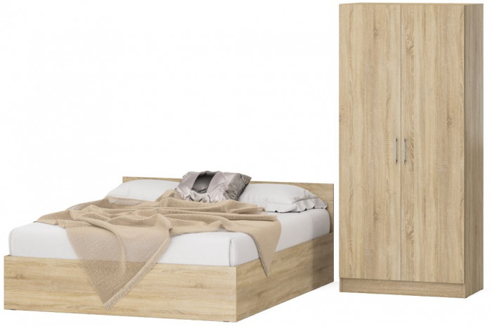 Кровать с ящиками 1600 + Шкаф 2-х створчатый Стандарт, цвет дуб сонома, ШхГхВ 163,5х203,5х70 + 90х52х200 см., сп.м. 1600х2000 мм., б/м, основание есть