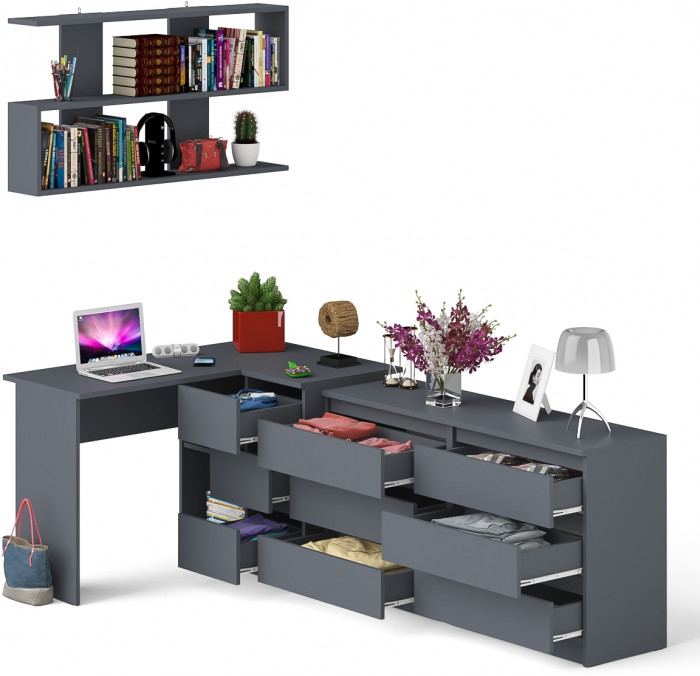 Мори компьютерный стол МС-16 правый + Комод МК1380.6 + Полка 1200, графит