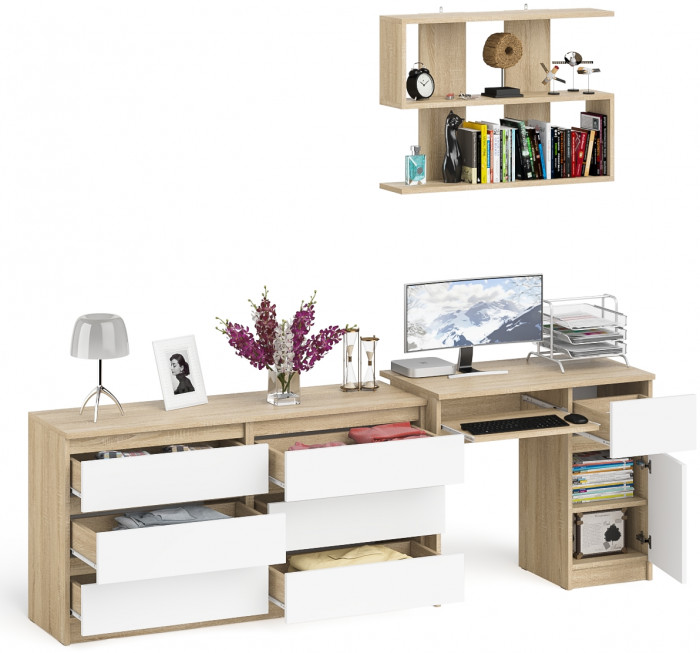 Мори Стол компьютерный МС-1 правый + Комод МК1380.6 + Полка 900, цвет дуб сонома/белый, ШхГхВ 228х50х209,6 см., НЕ универсальная сборка