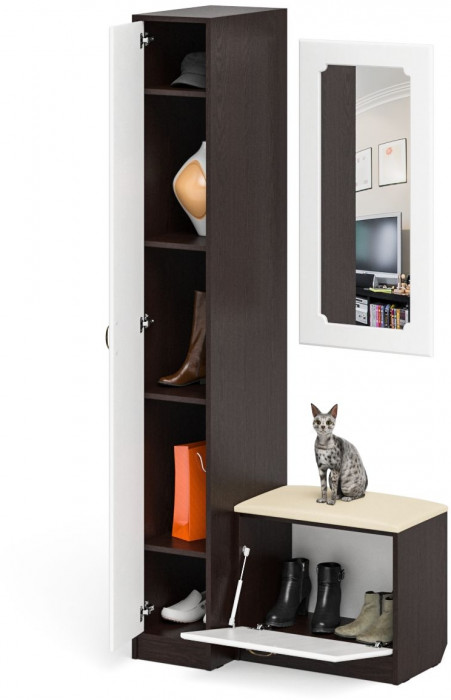 Прихожая П-6 Компоновка № 40, цвет венге/фасады МДФ белое дерево фрезеровка ромб, ШхГхВ 90х50х210 см., универсальная сборка