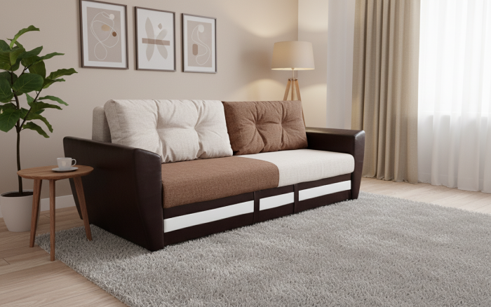 Диван-еврокнижка Амстердам, 150х195, пружинный блок, рогожка/экокожа, комби