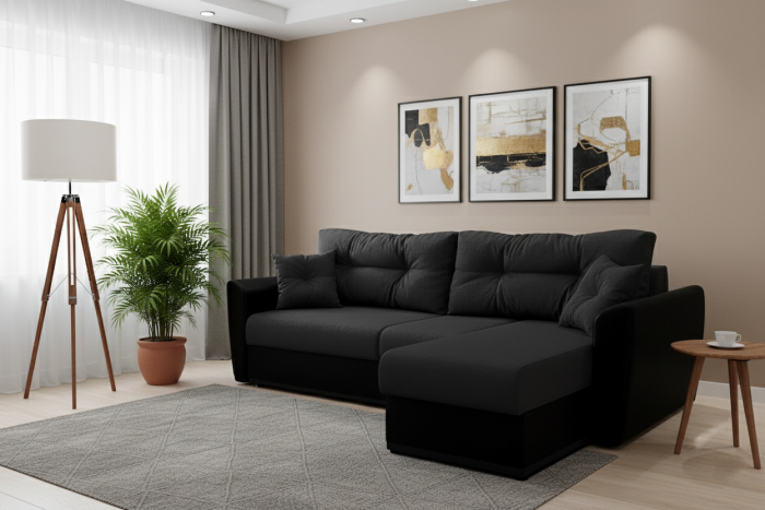 Диван-еврокнижка угловой Амстердам, 160х200, рогожка/экокожа черный