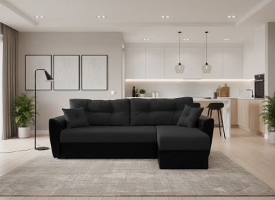 Диван-еврокнижка угловой Амстердам, 160х200, рогожка/экокожа черный