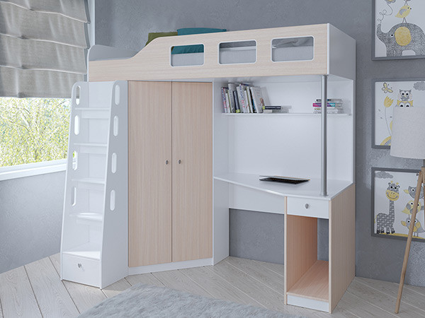 Кровать чердак Астра 7 Белый/Дуб молочный