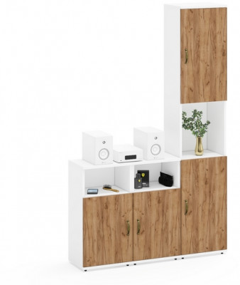 Лидер-8 Пенал + Тумба МД 3.19 + Тумба МД 3.19, белый шагрень/крафт золото