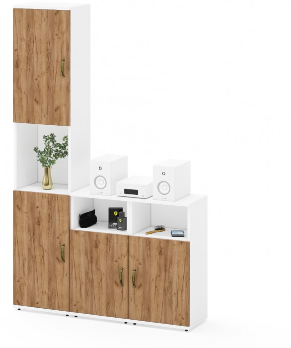 Лидер-8 Пенал + Тумба МД 3.19 + Тумба МД 3.19, белый шагрень/крафт золото