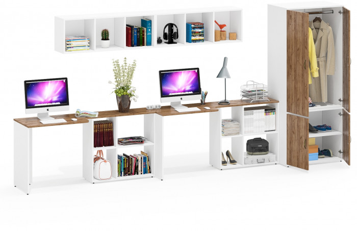 Лидер-8 Стол + Полка + Стол + Полка + Шкаф МД 19Б, белый шагрень/крафт золото