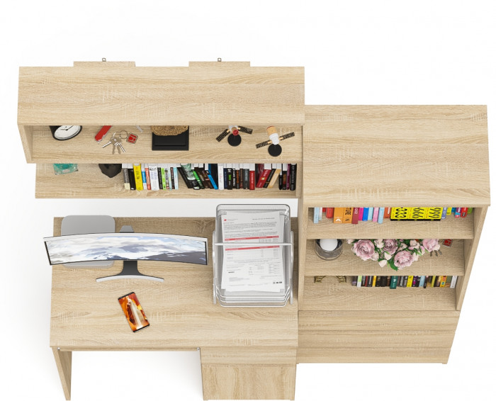 Мори компьютерный стол МС-1 правый + Стеллаж МСТ600.3 + Полка 900, дуб сонома