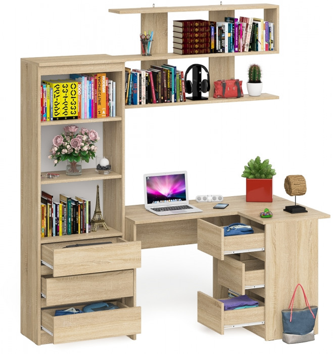 Мори компьютерный стол МС-16 правый + Стеллаж МСТ600.3 + Полка 1200, дуб сонома