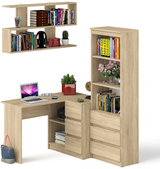 Мори компьютерный стол МС-16 правый + Стеллаж МСТ600.3 + Полка 1200, дуб сонома