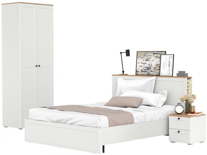 Остин 11.53 Кровать + ортопед + 13.224 Шкаф + 16.152 Тумба прикроватная, белый шагрень/дуб крафт золотой