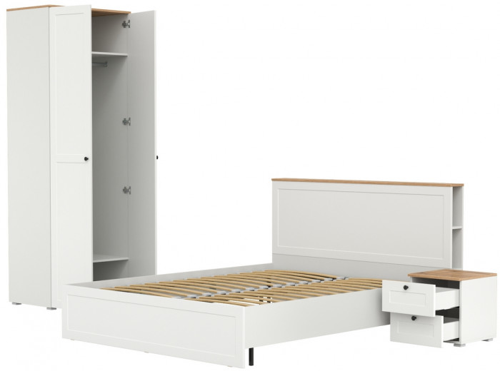 Остин 11.53 Кровать + ортопед + 13.224 Шкаф + 16.152 Тумба прикроватная, белый шагрень/дуб крафт золотой