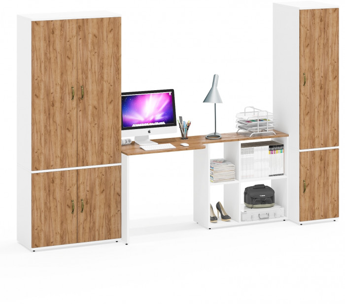 Лидер-8 Шкаф МД 20Б + Стол + Пенал 23Б, цвет белый шагрень/крафт золото, ШхГхВ 285х50/37,5х75/190 или 195х120х75/190 см., НЕ ун.сб.