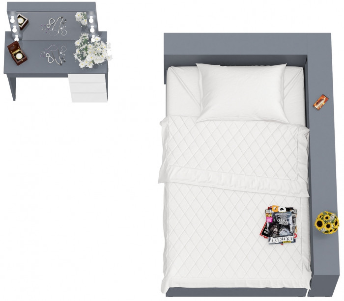 Ксения Кровать с ящиками 1200 + прикроватный блок + Столик с подсветкой Сура, графит/белый