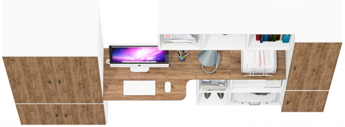 Лидер-8 Шкаф МД 19Б + Стол + Полка + Пенал 22Б, белый шагрень/крафт золото