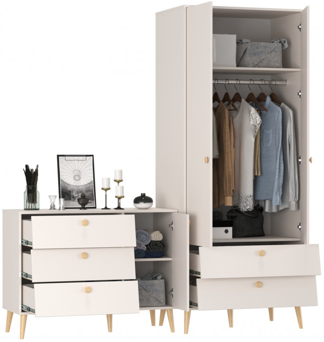 Афина Спальня Шкаф 2-х дверный + Комод с дверкой и тремя ящиками, цвет кашемир серый, ШхГхВ 90,3х56,3х220 + 110х45,3х83 см., универсальная сборка