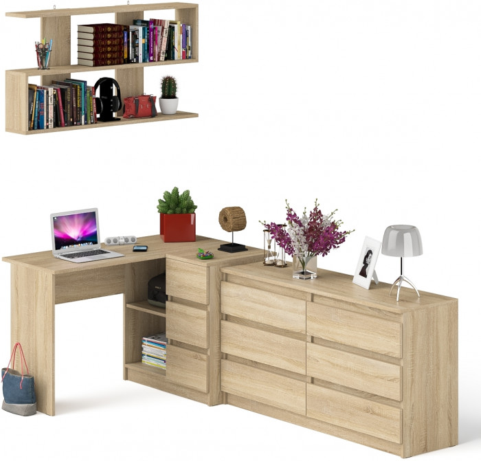 Мори компьютерный стол МС-16 правый + Комод МК1380.6 + Полка 1200, дуб сонома