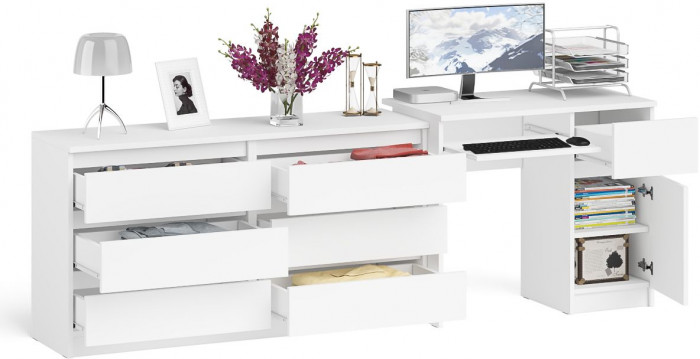 Мори Стол компьютерный МС-1 правый + Комод МК1380.6, цвет белый, ШхГхВ 228х50х76,6 см., выдвижной ящик справа, НЕ универсальная сборка