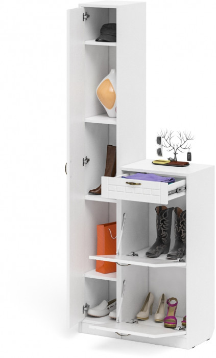 Прихожая П-6 Компоновка № 22, белая шагрень/фасады МДФ белое дерево фрезеровка прованс