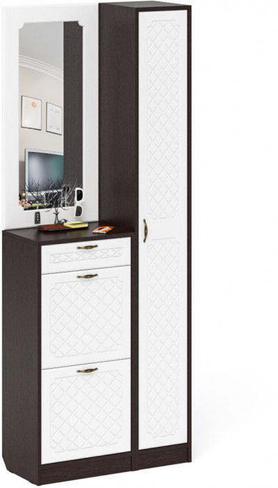Прихожая П-6 Компоновка № 23, цвет венге/фасады МДФ белое дерево фрезеровка ромб, ШхГхВ 80х35х210 см., универсальная сборка