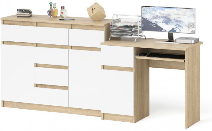 Мори компьютерный стол МС-1 левый + Комод МК1200.4, дуб сонома/белый